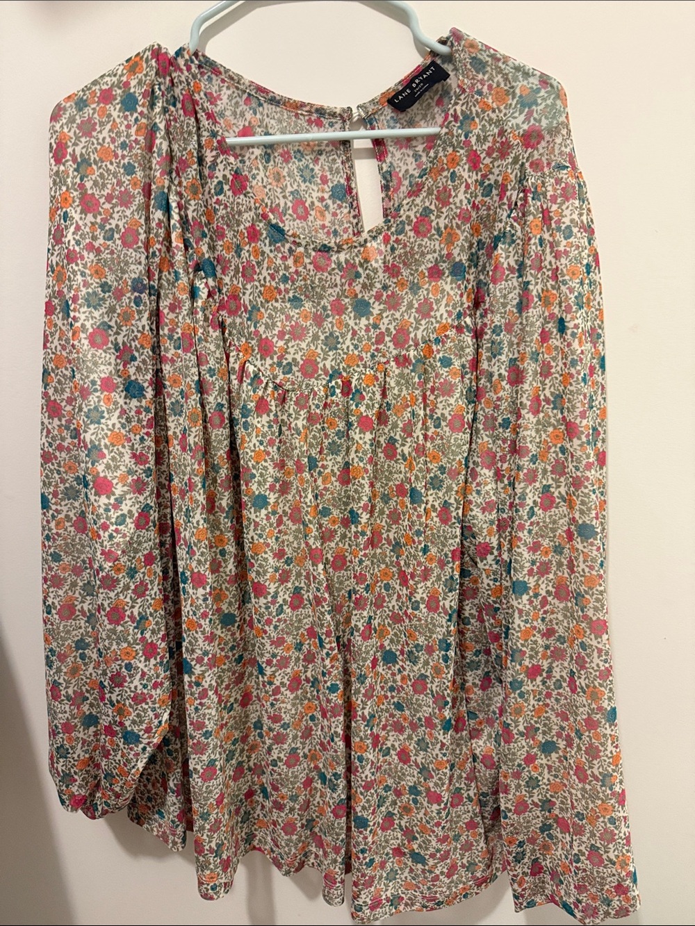 Floral Long-Sleeve Peasant Blouse - Cream with Pink, Teal & Orange